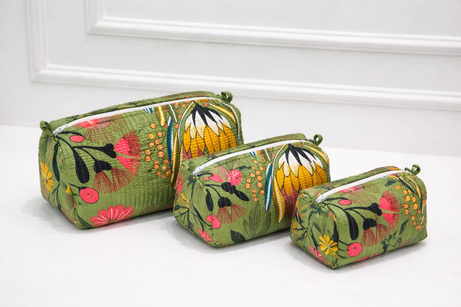 Floral Handcrafted Pure Cotton Quilted Pouches Set