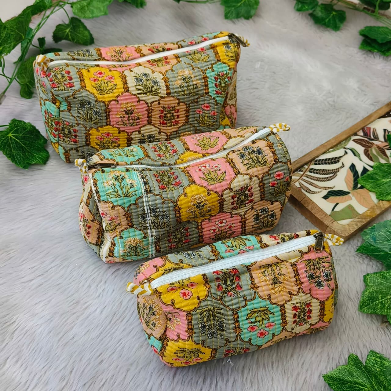 Floral Handcrafted Pure Cotton Quilted Pouches Set
