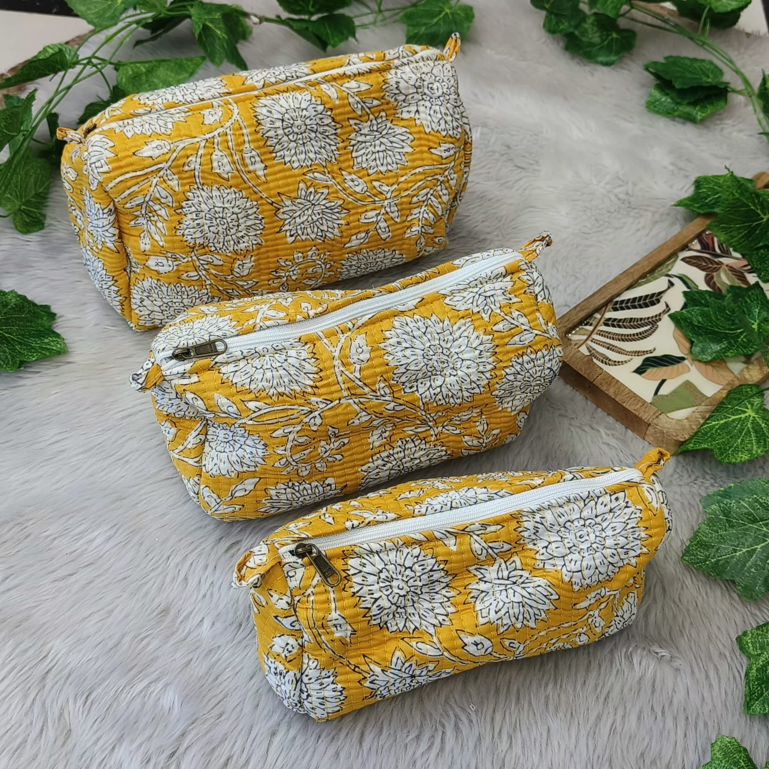 Floral Handcrafted Pure Cotton Quilted Pouches Set