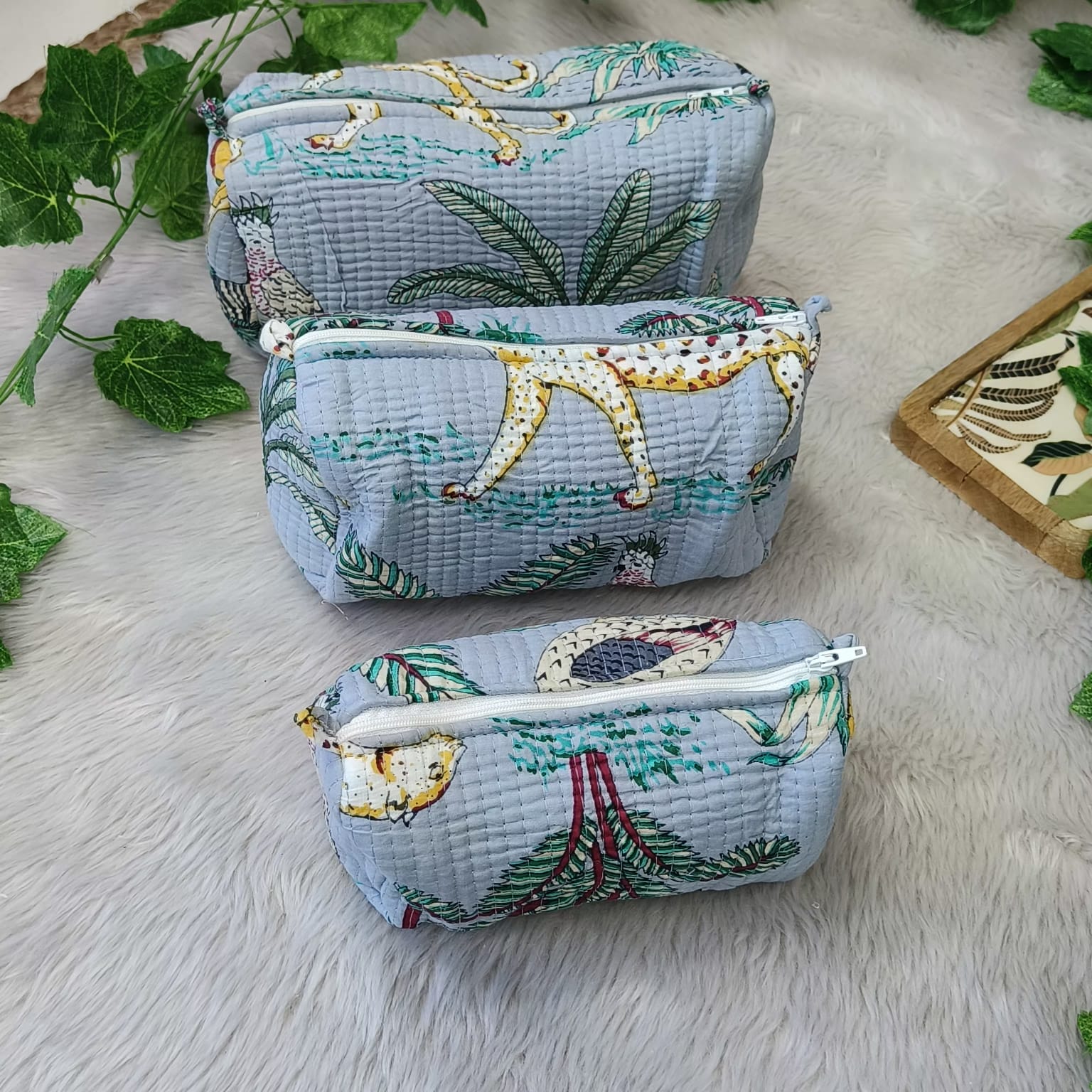 Floral Handcrafted Pure Cotton Quilted Pouches Set