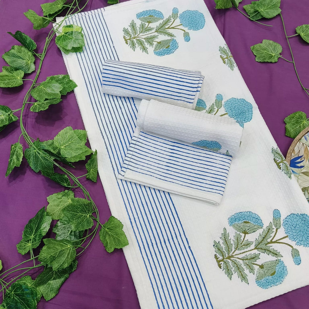 Waffle Handblock Printed Pure Cotton Bath & Hand Towels