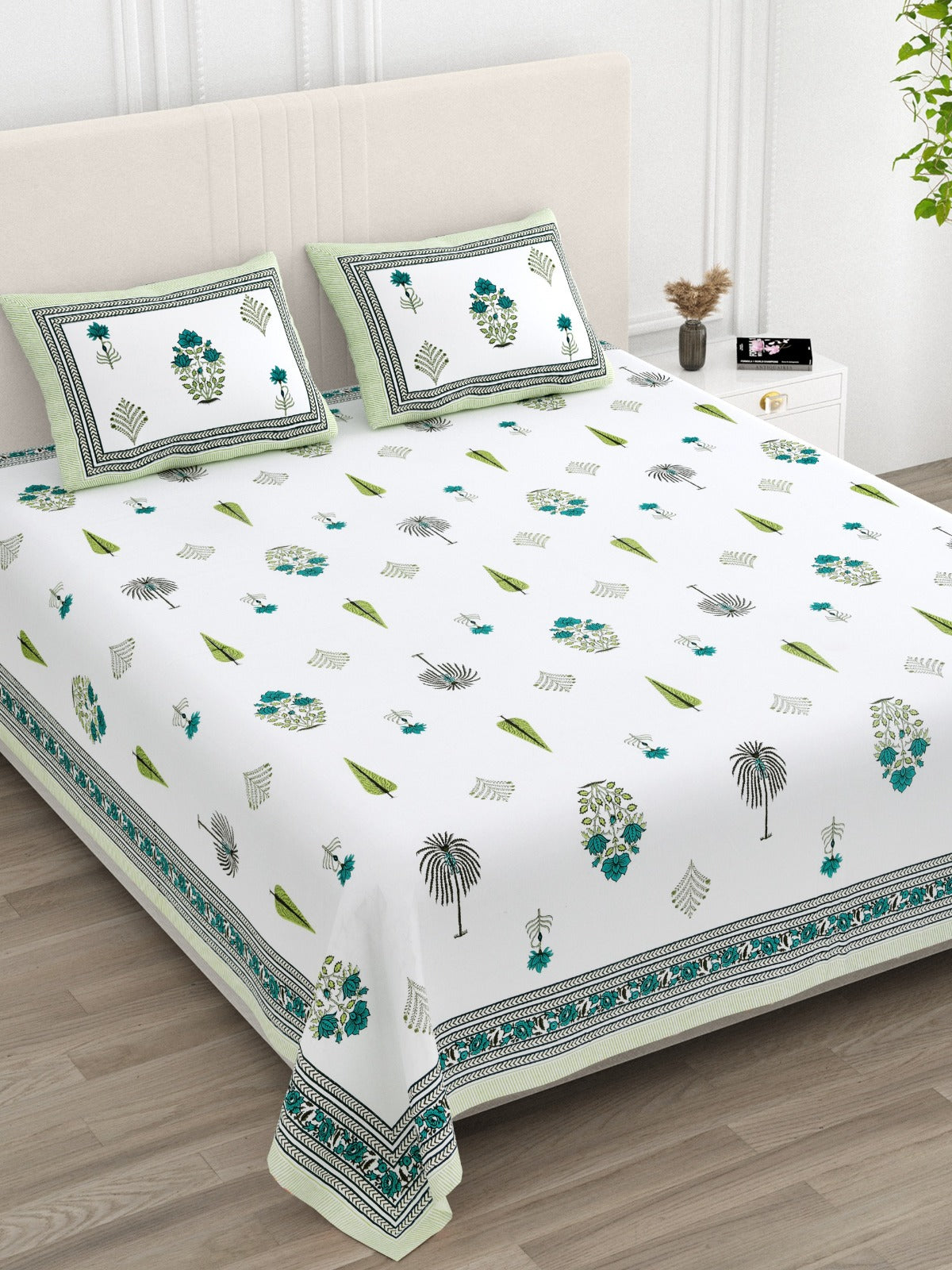 Anarkali Handblock Printed Pure Cotton King Size Bedsheet Set