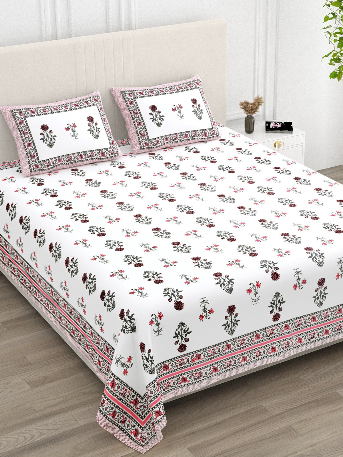Anarkali Handblock Printed Pure Cotton King Size Bedsheet Set
