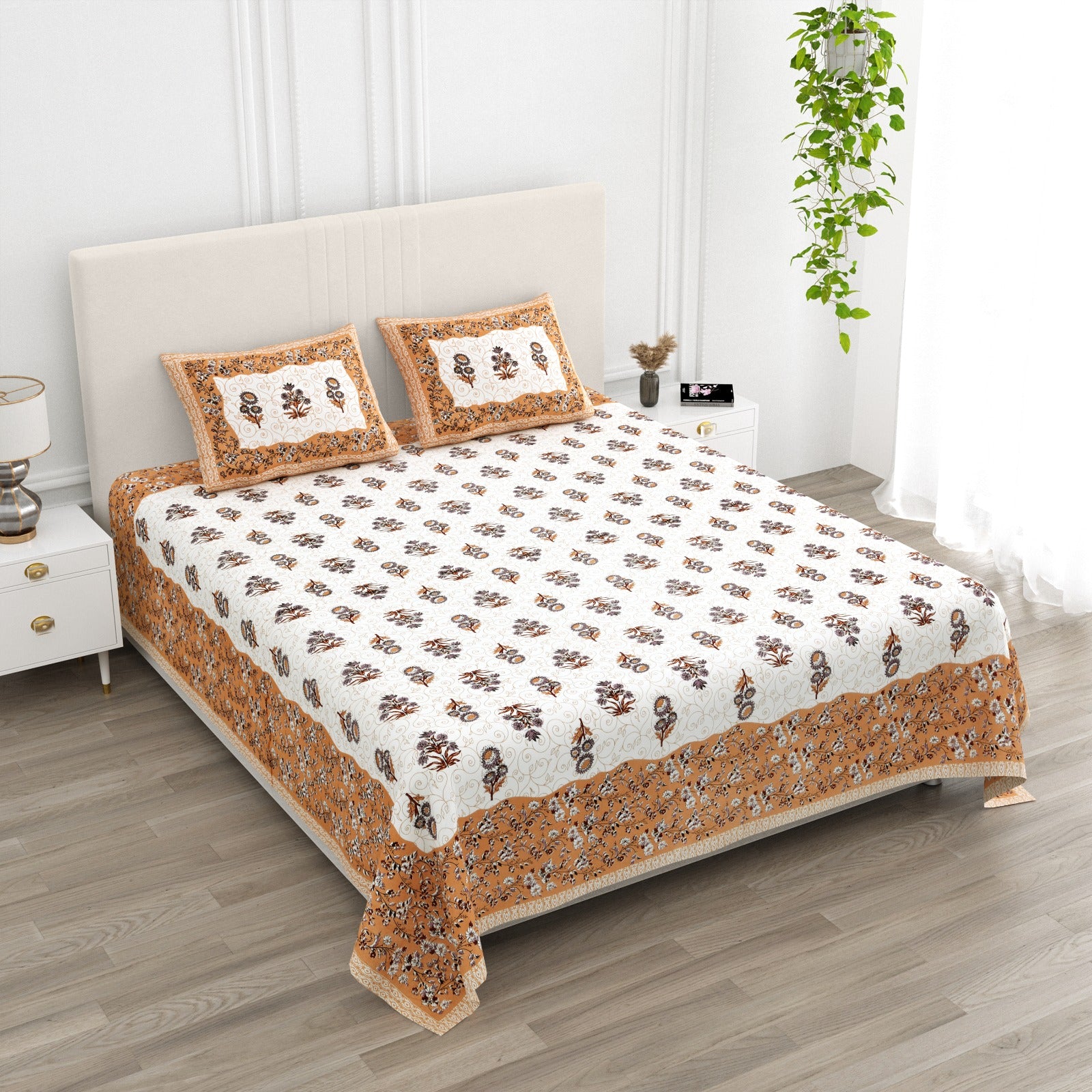 Anarkali Handblock Printed Pure Cotton King Size Bedsheet Set