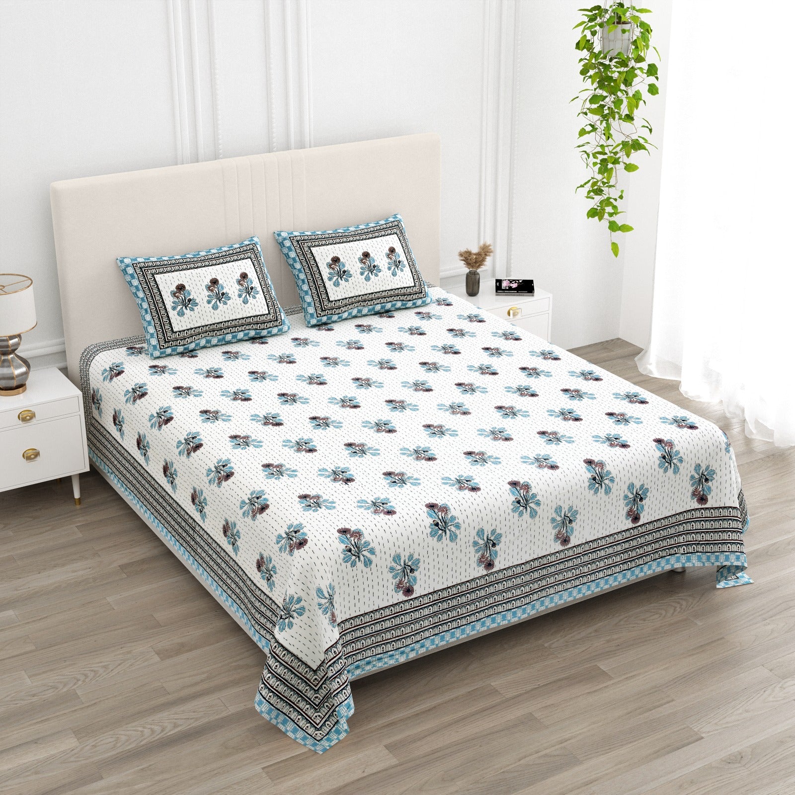 Anarkali Handblock Printed Pure Cotton King Size Bedsheet Set