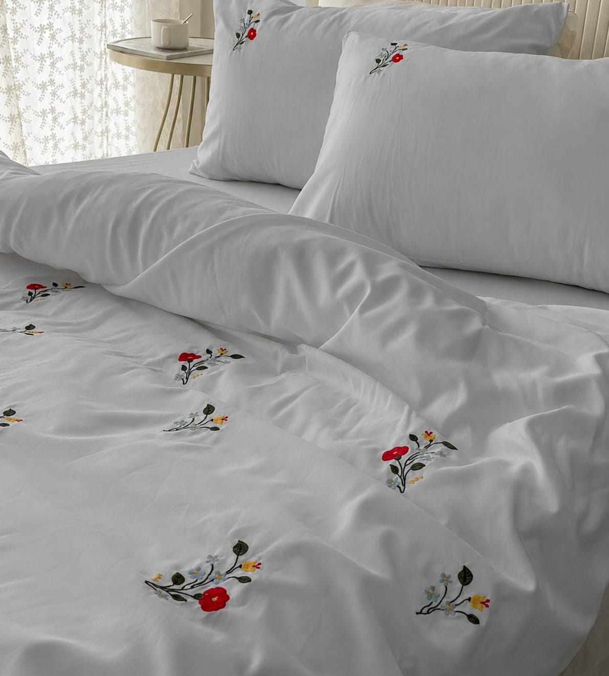 Floral Bloom Embroidered King Size Pure Cotton Bedsheet Set