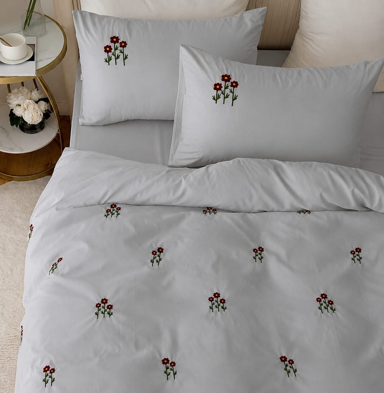 Floral Bloom Embroidered King Size Pure Cotton Bedsheet Set