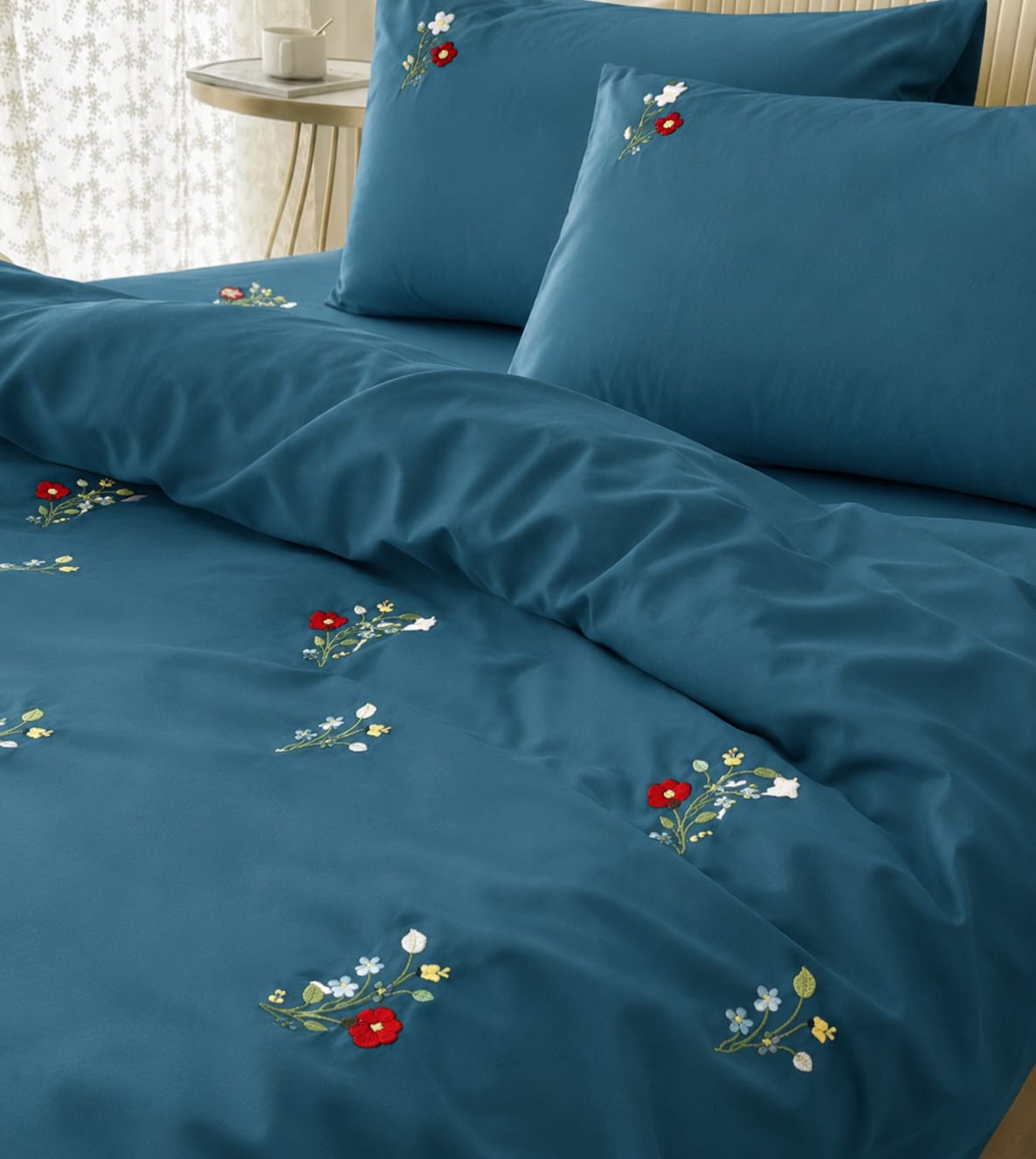 Floral Bloom Embroidered King Size Pure Cotton Bedsheet Set