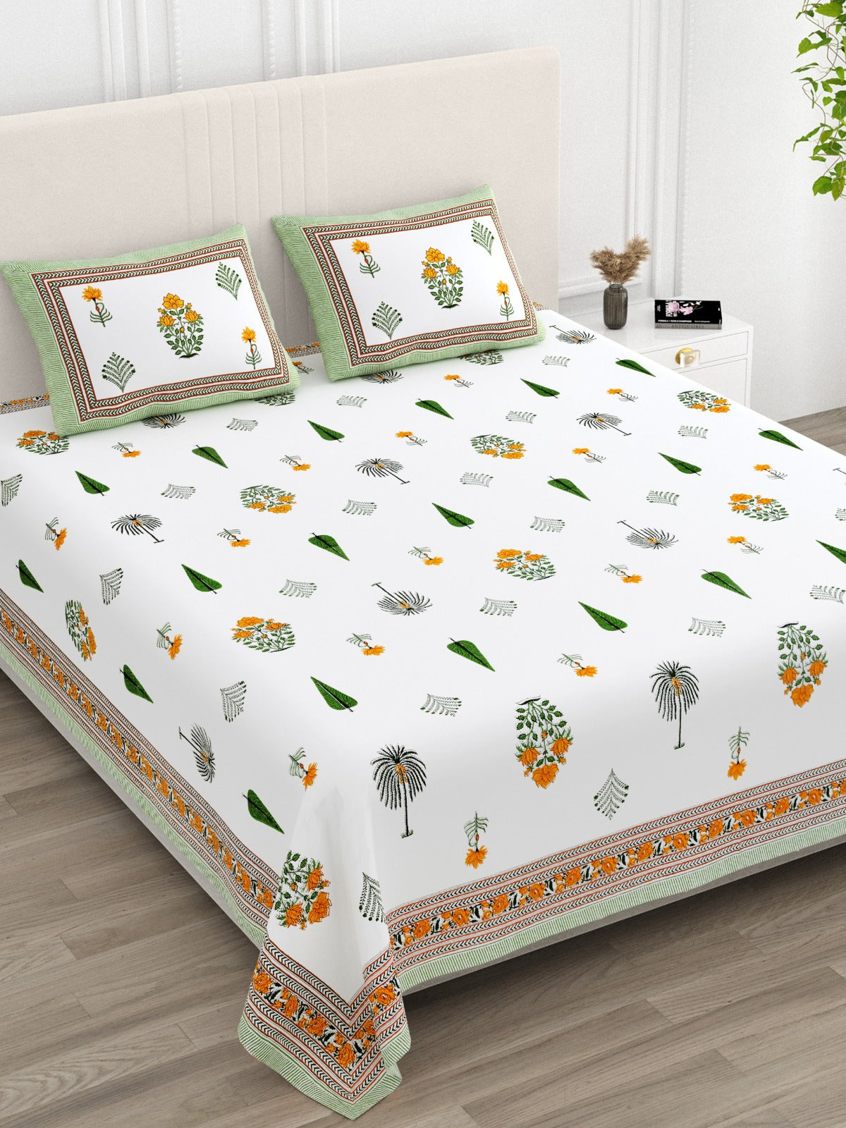 Anarkali Handblock Printed Pure Cotton King Size Bedsheet Set