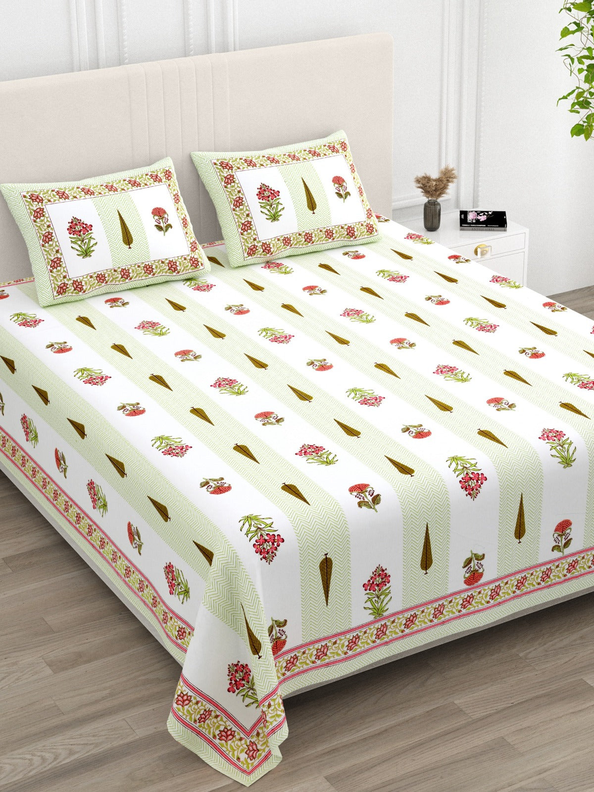 Anarkali Handblock Printed Pure Cotton King Size Bedsheet Set
