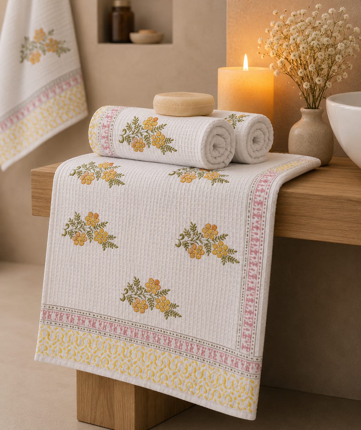 Waffle Handblock Printed Pure Cotton Bath & Hand Towels