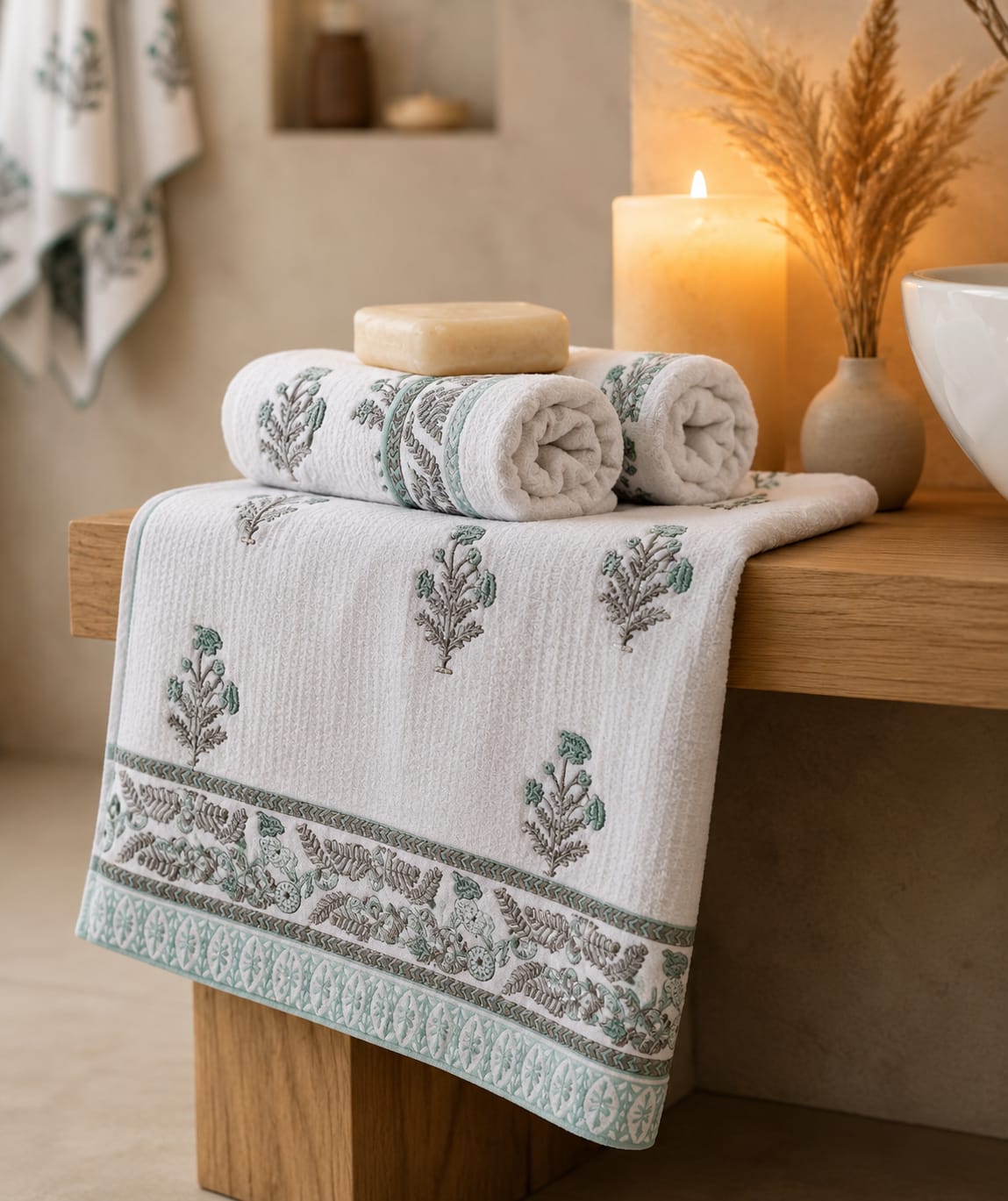 Waffle Handblock Printed Pure Cotton Bath & Hand Towels