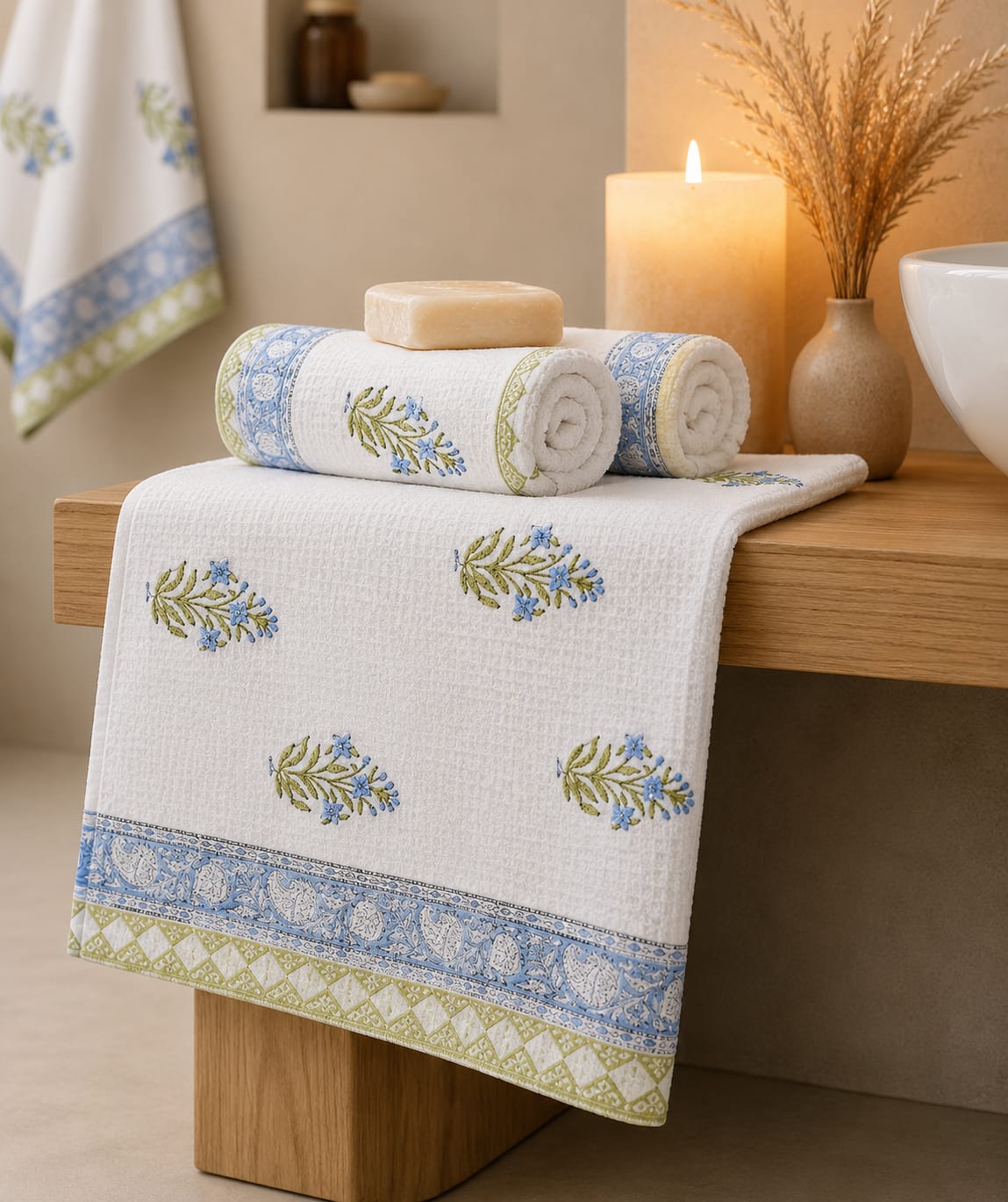 Waffle Handblock Printed Pure Cotton Bath & Hand Towels
