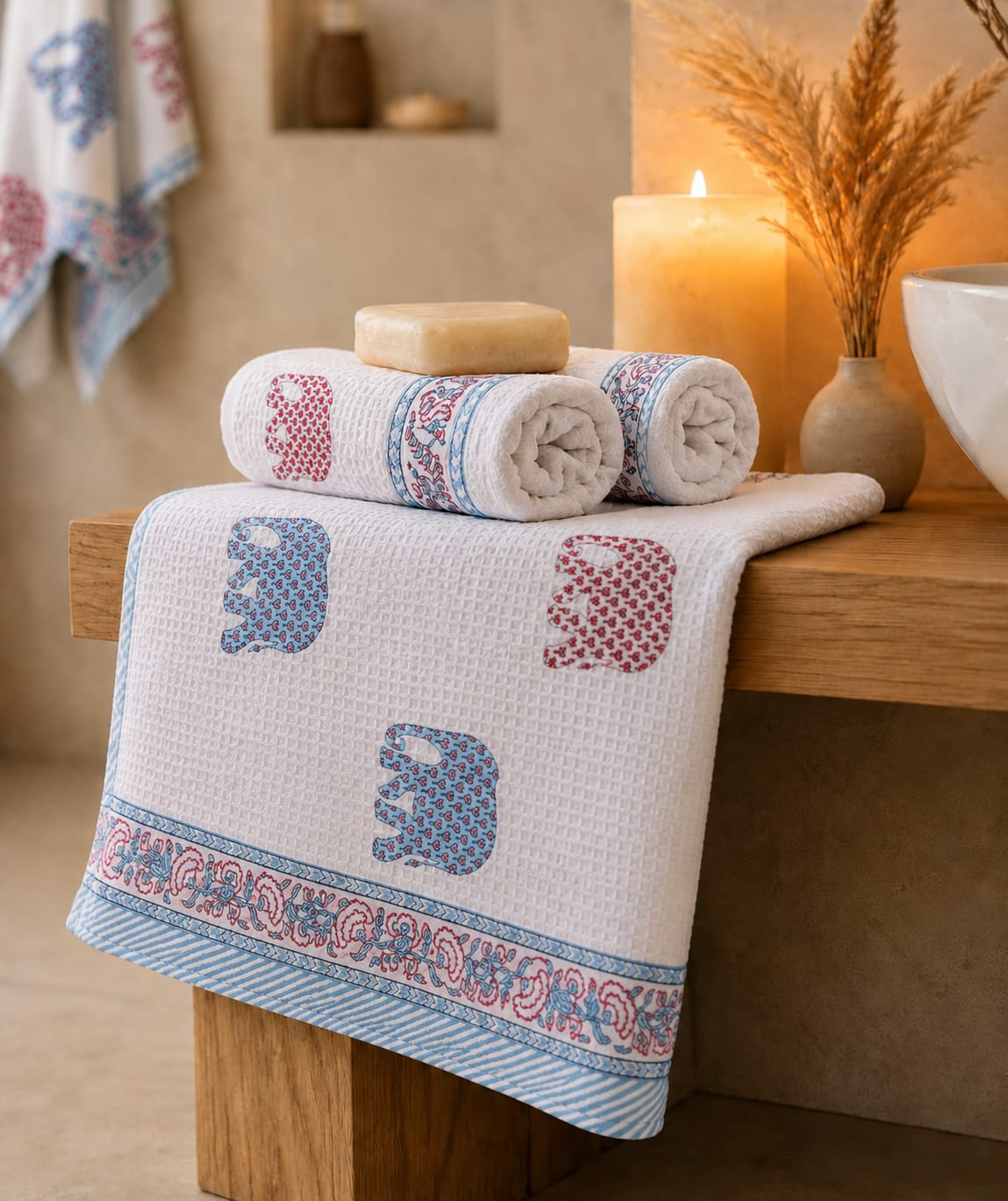 Waffle Handblock Printed Pure Cotton Bath & Hand Towels
