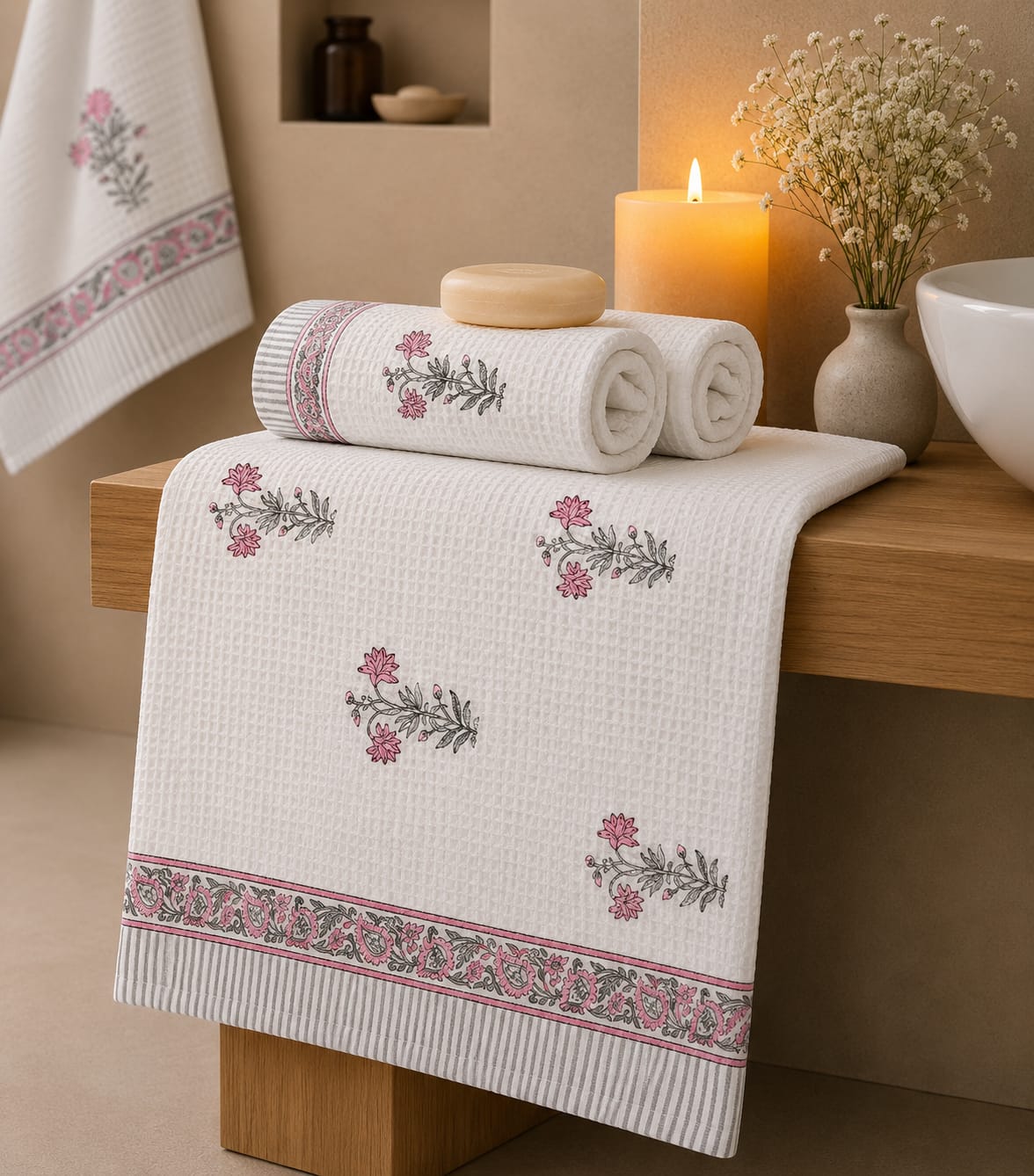 Waffle Handblock Printed Pure Cotton Bath & Hand Towels