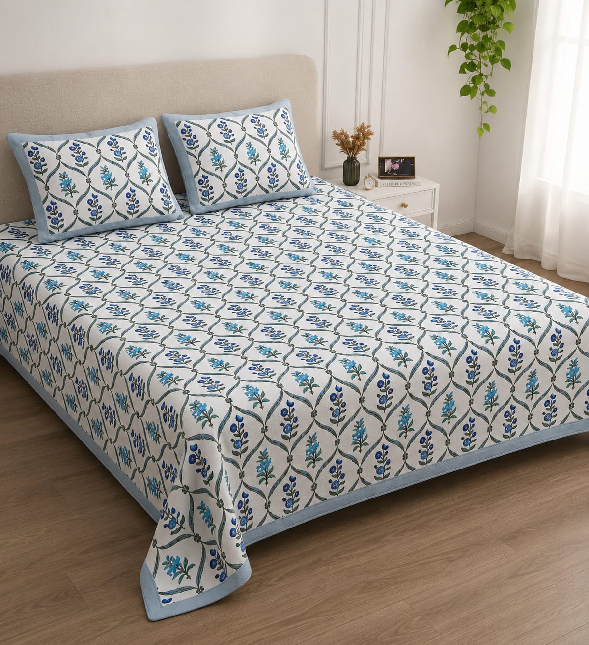Anarkali Handblock Printed Pure Cotton King Size Bedsheet Set