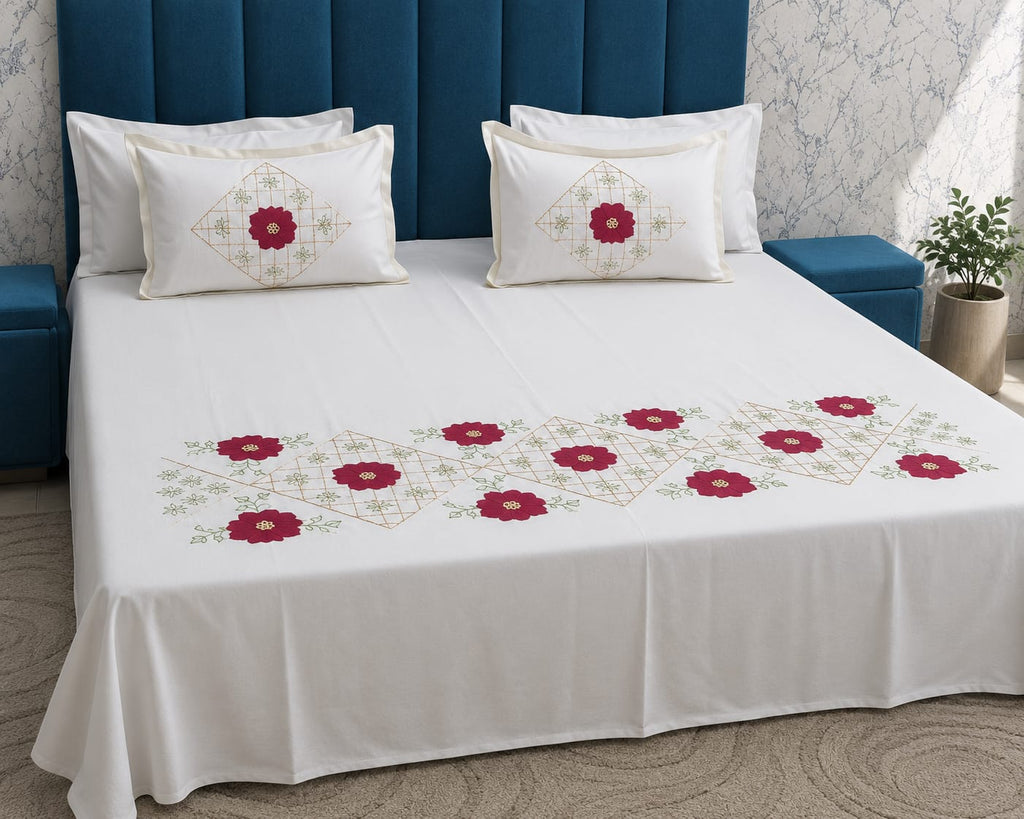 Shahi karigari Pure Cotton Designer Kingsize Embroidered Bedsheet