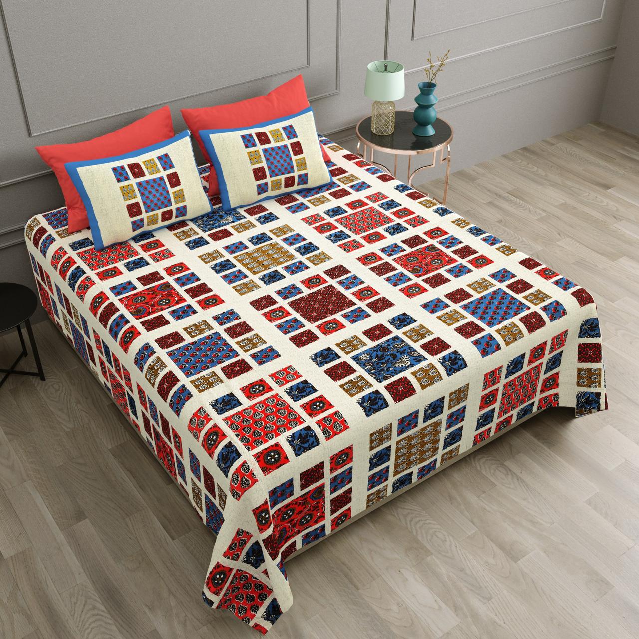 Barmeri Patch Print Pure Cotton Double Bed Bed Sheets (93*104 Inch)
