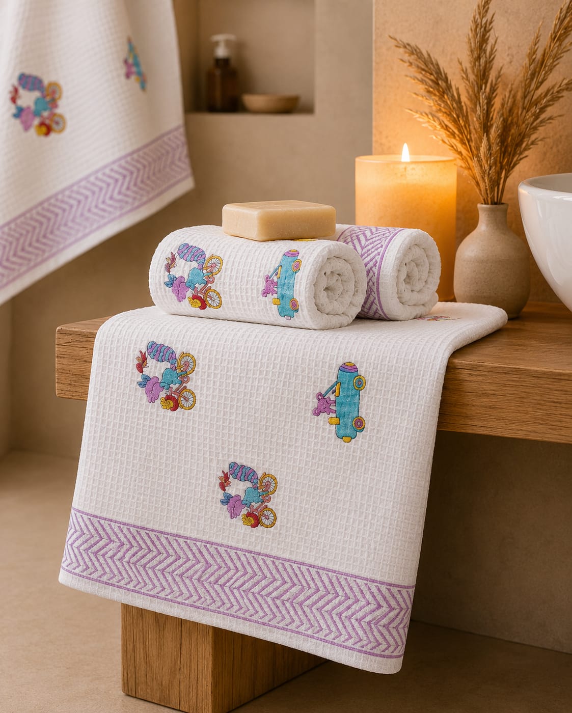 Waffle Handblock Printed Pure Cotton Bath & Hand Towels