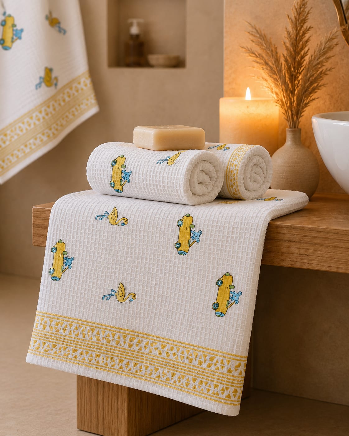 Waffle Handblock Printed Pure Cotton Bath & Hand Towels