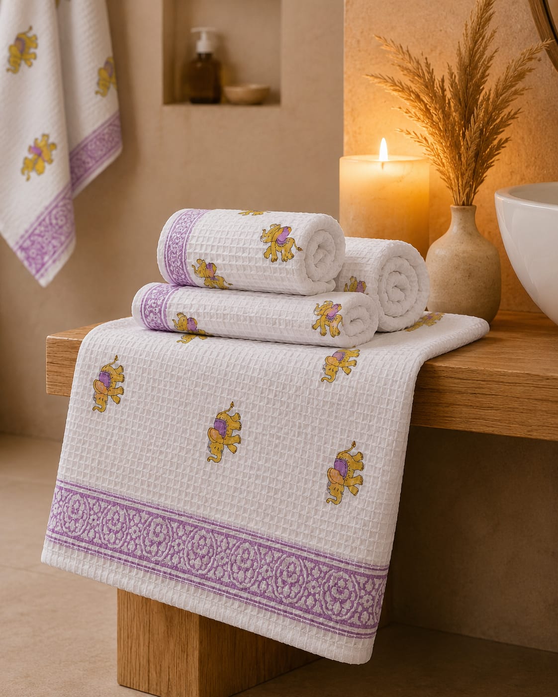 Waffle Handblock Printed Pure Cotton Bath & Hand Towels