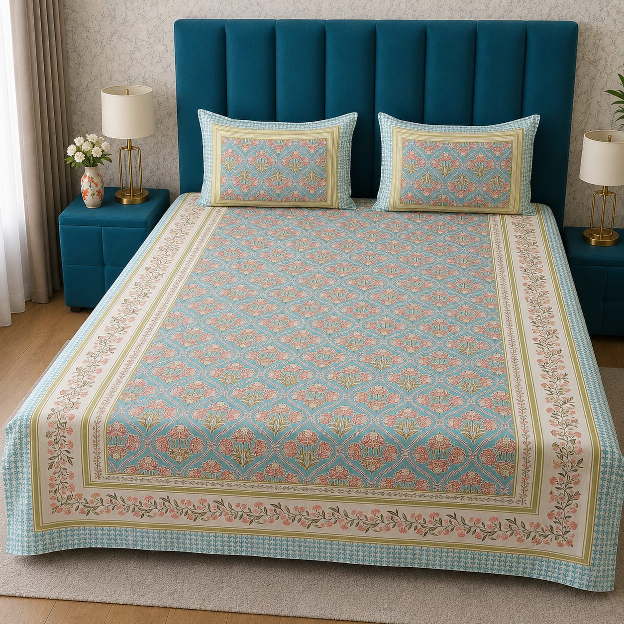 Gulbahar Single bed Pure Cotton Bedsheet with 2 pillow Covers