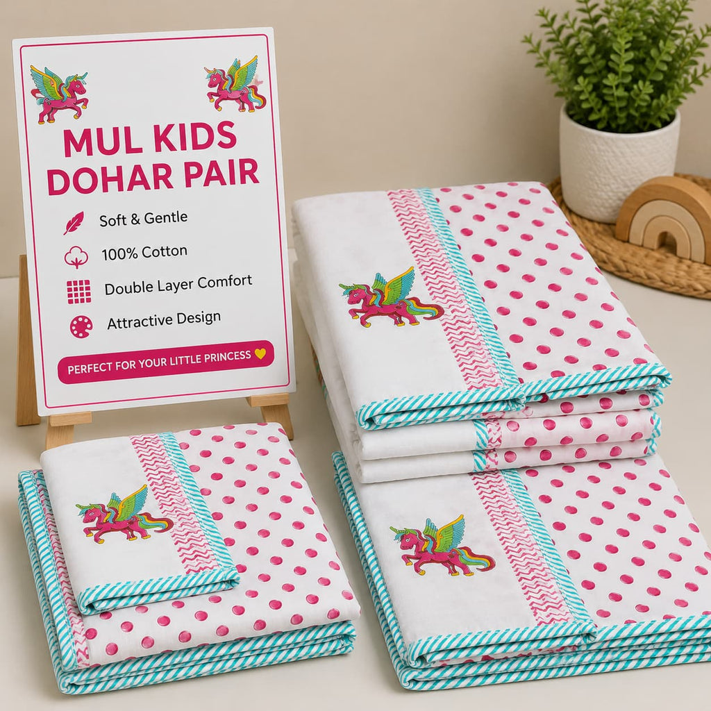 Tiny Bliss Mul -Mul cotton HandblocK Printed Ac Dohar Pair