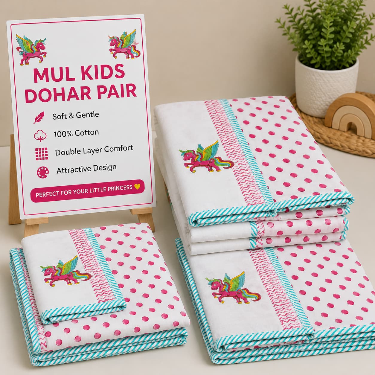 Tiny Bliss Mul -Mul cotton HandblocK Printed Ac Dohar Pair