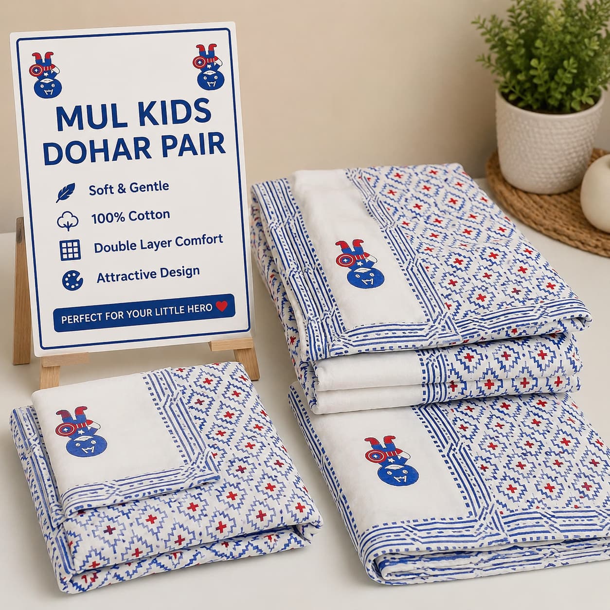 Tiny Bliss Mul -Mul cotton HandblocK Printed Ac Dohar Pair