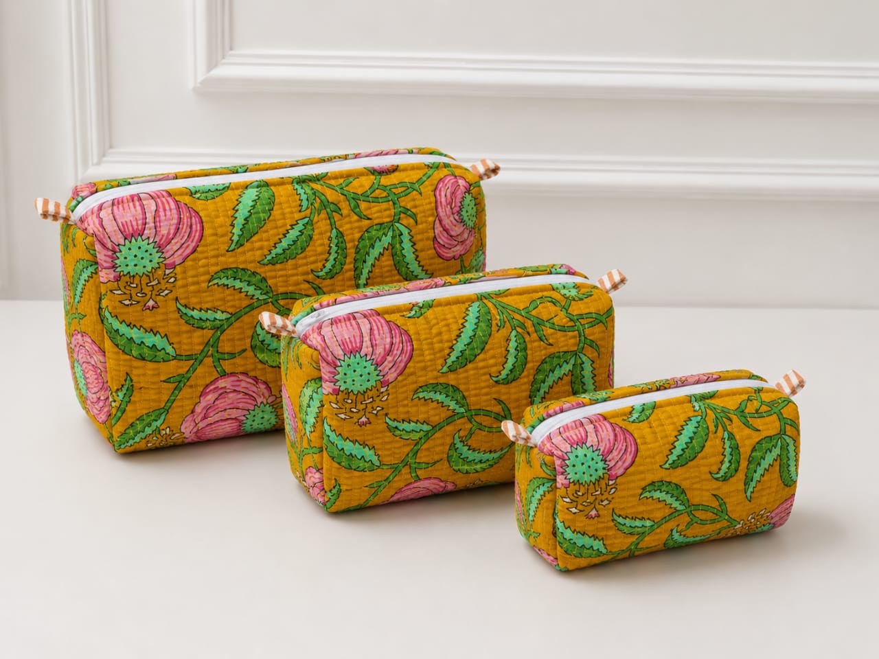Floral Handcrafted Pure Cotton Quilted Pouches Set