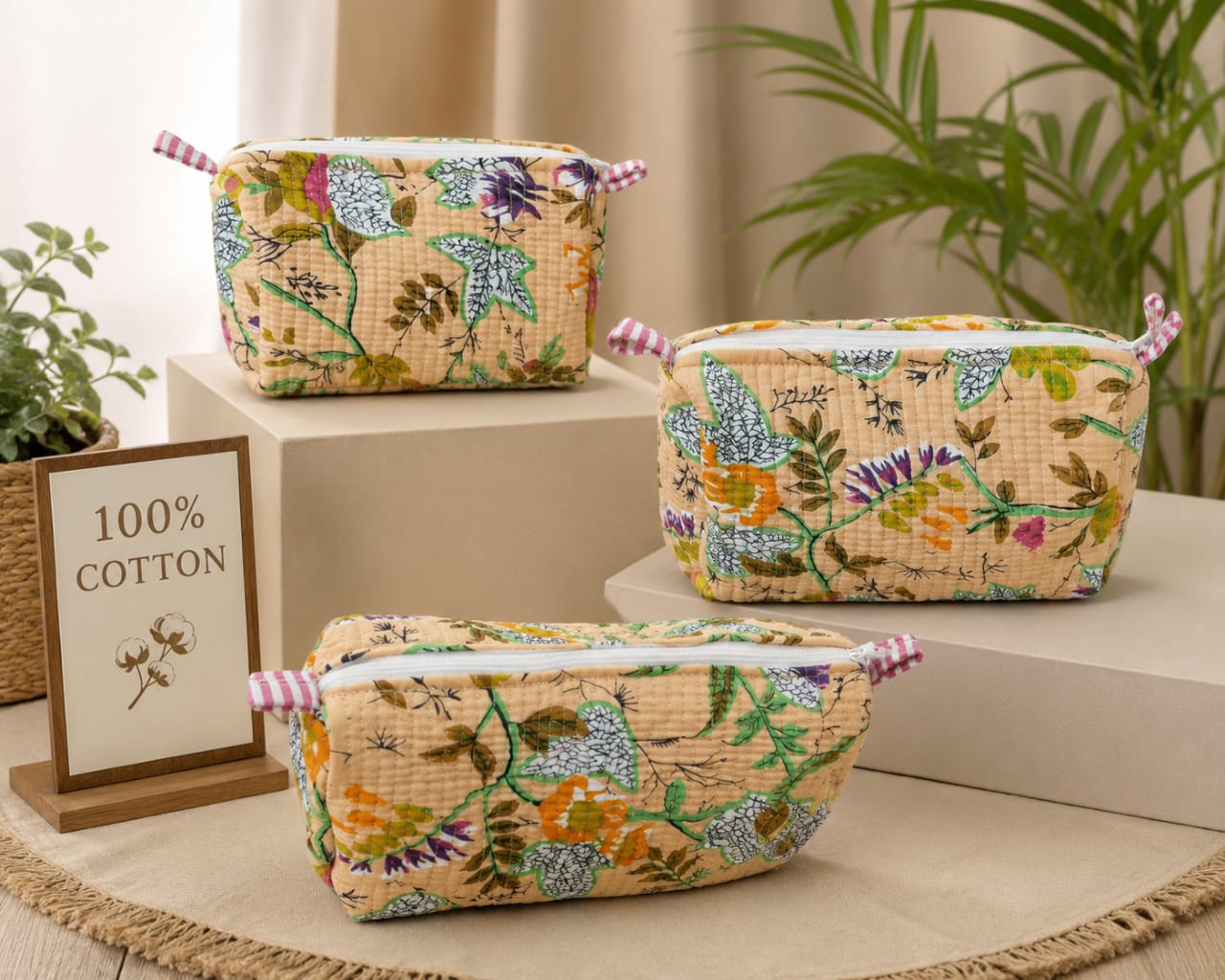 Floral Handcrafted Pure Cotton Quilted Pouches Set