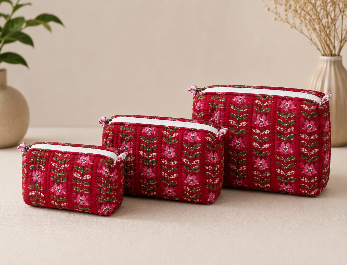 Floral Handcrafted Pure Cotton Quilted Pouches Set