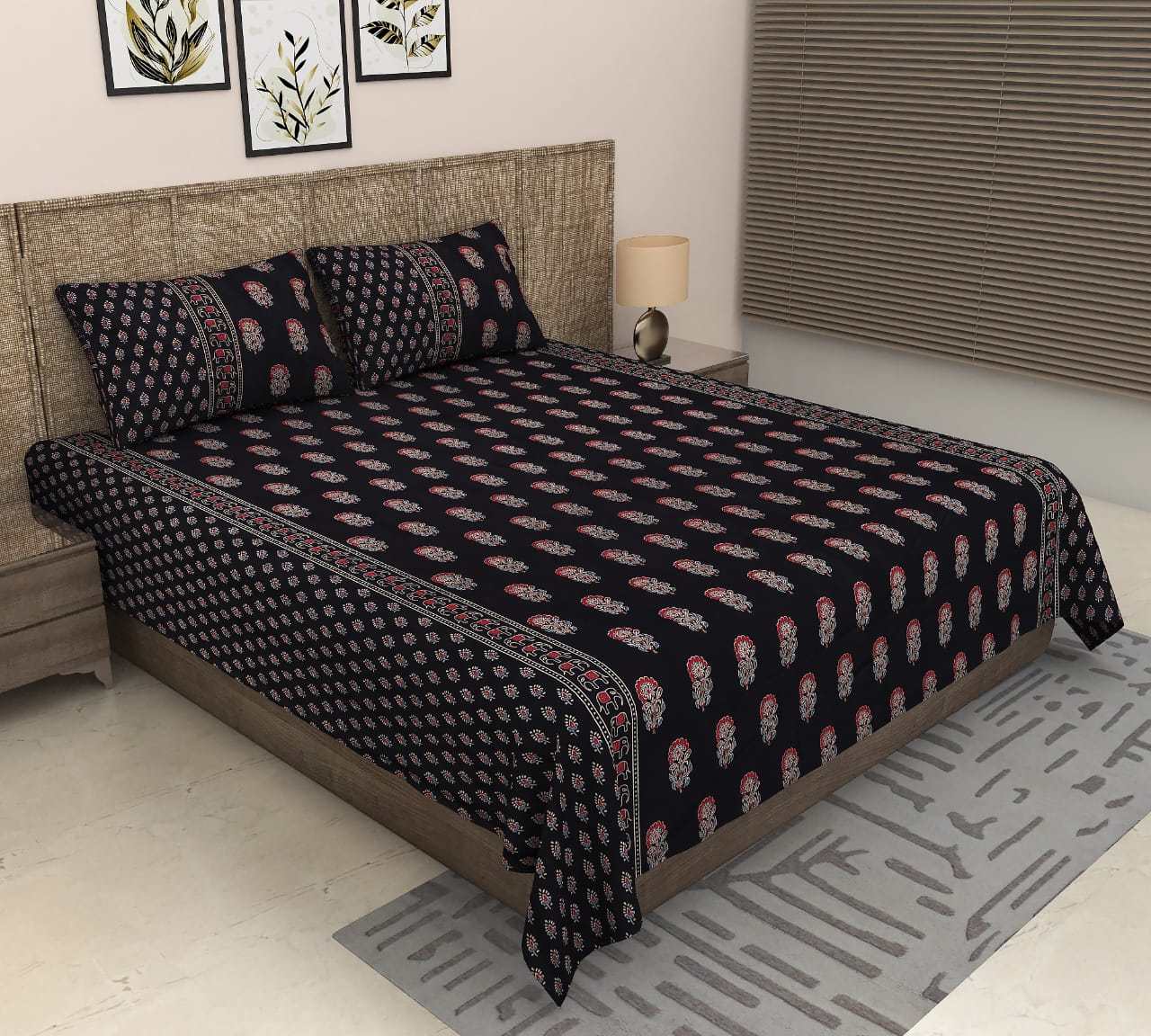 Sitara Handblock Designer Print Premium Cotton Kingsize Bed Sheets