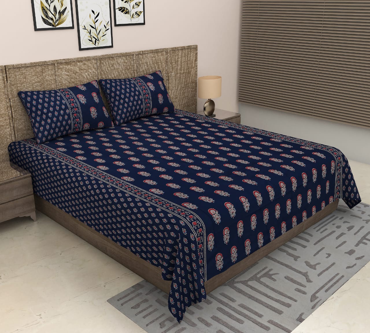 Sitara Handblock Designer Print Premium Cotton Kingsize Bed Sheets
