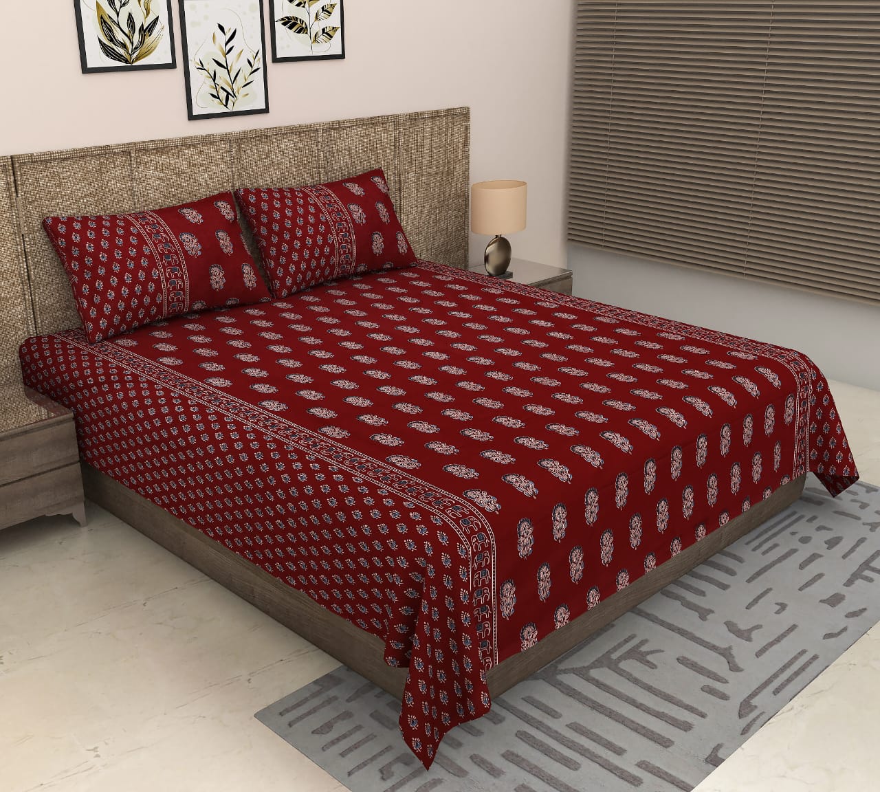 Sitara Handblock Designer Print Premium Cotton Kingsize Bed Sheets