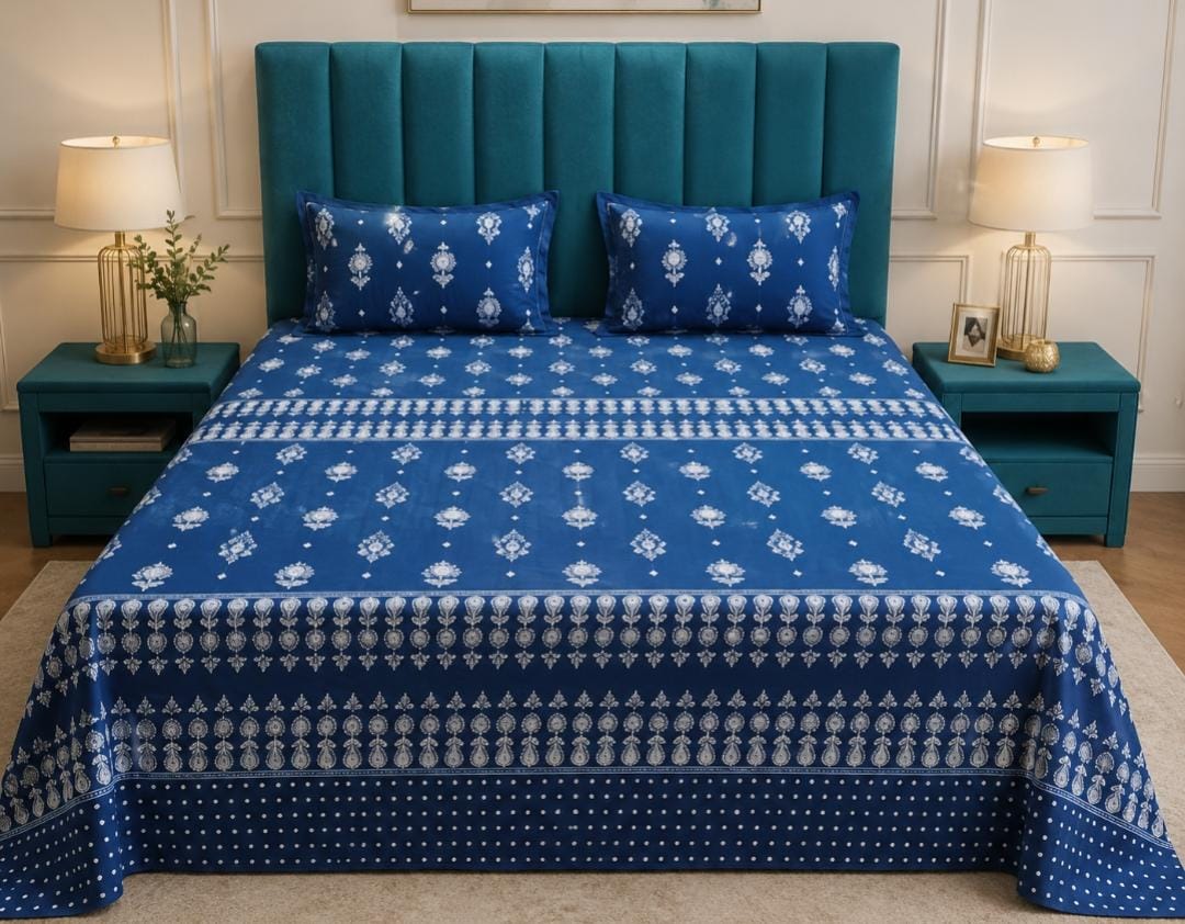 Sitara Handblock Designer Print Premium Cotton Kingsize Bed Sheets
