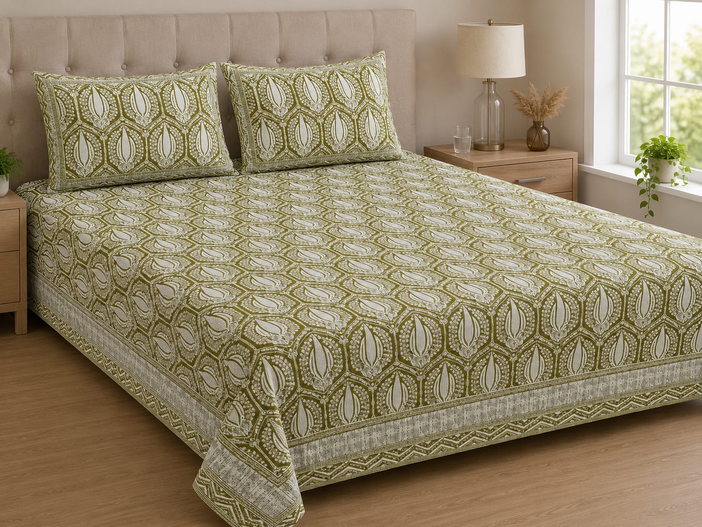 Anarkali Handblock Printed Pure Cotton King Size Bedsheet Set