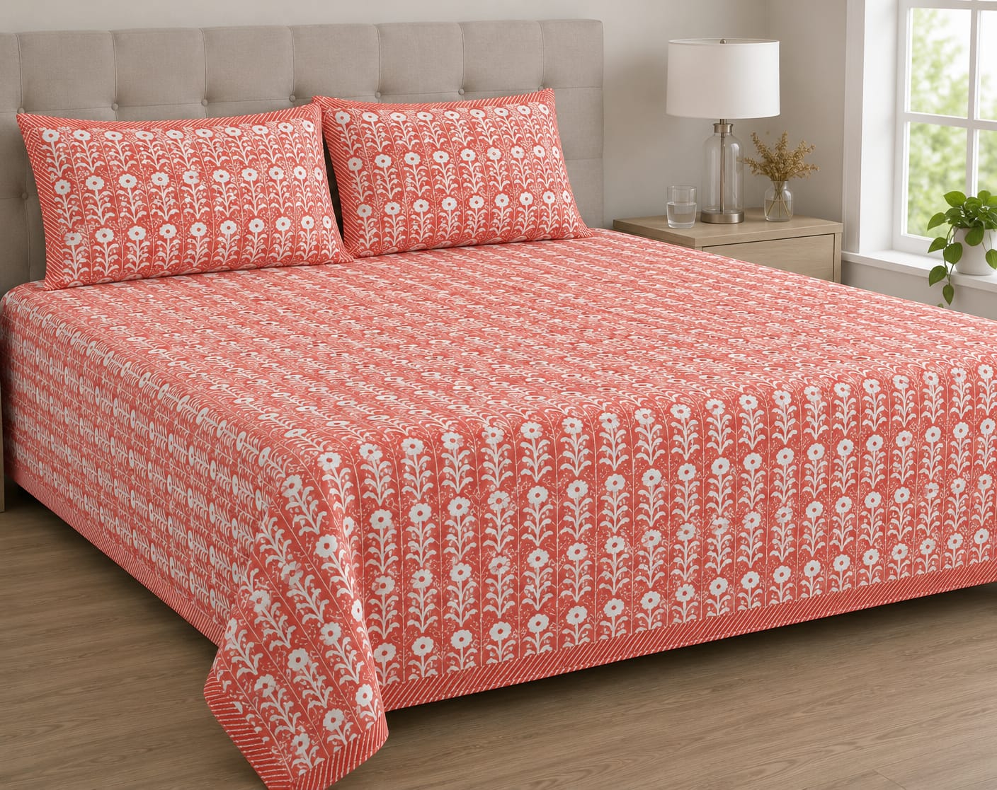 Anarkali Handblock Printed Pure Cotton King Size Bedsheet Set