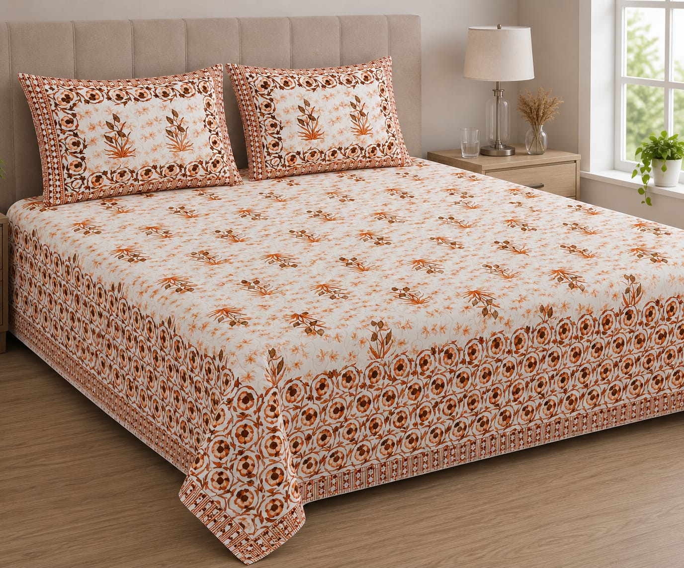 Anarkali Handblock Printed Pure Cotton King Size Bedsheet Set