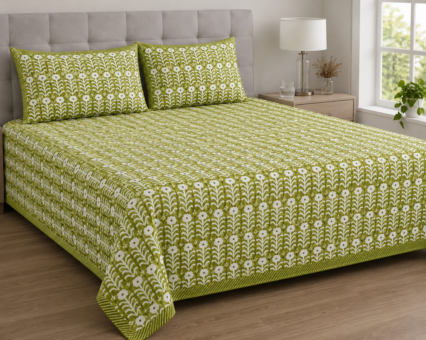 Anarkali Handblock Printed Pure Cotton King Size Bedsheet Set