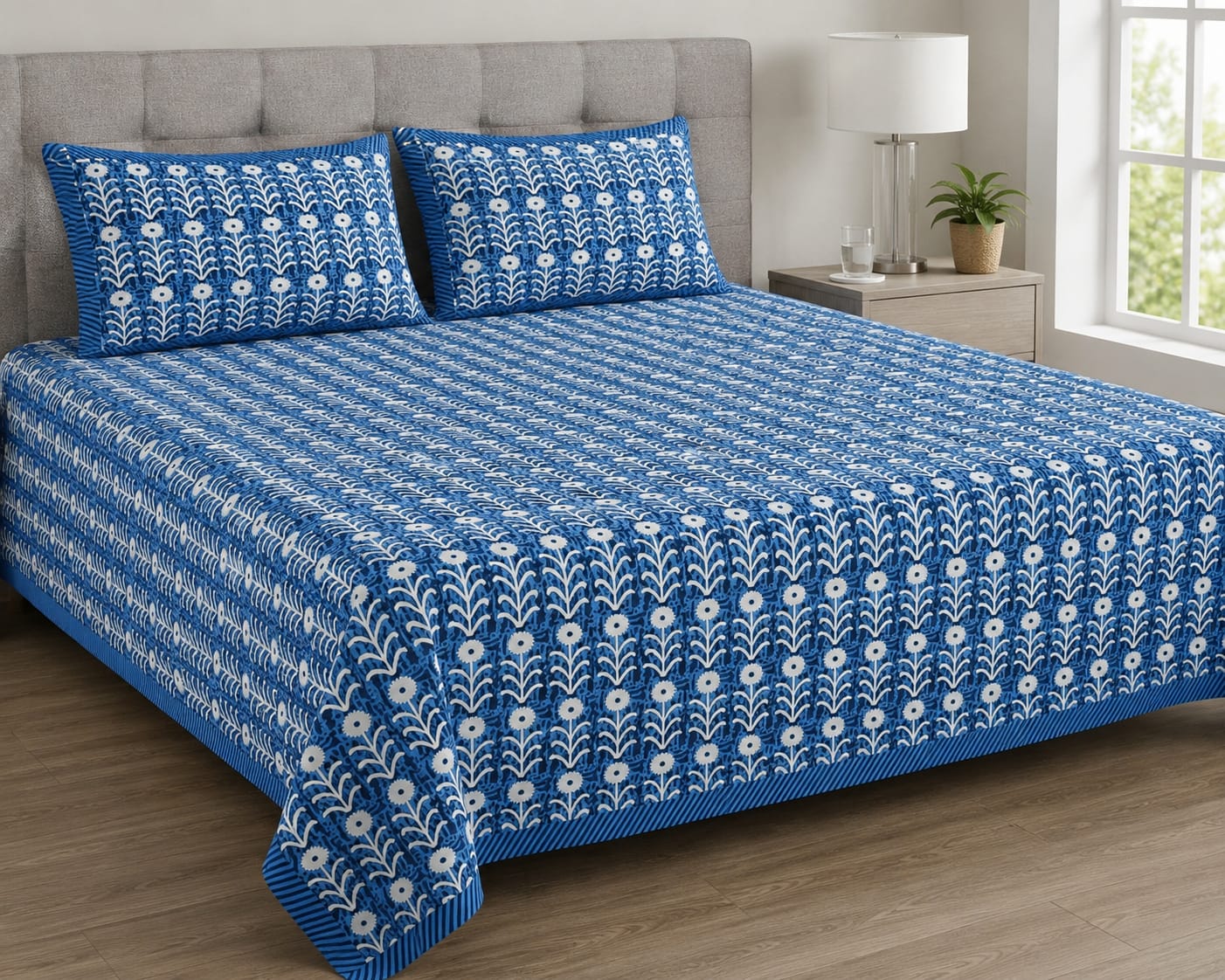 Anarkali Handblock Printed Pure Cotton King Size Bedsheet Set