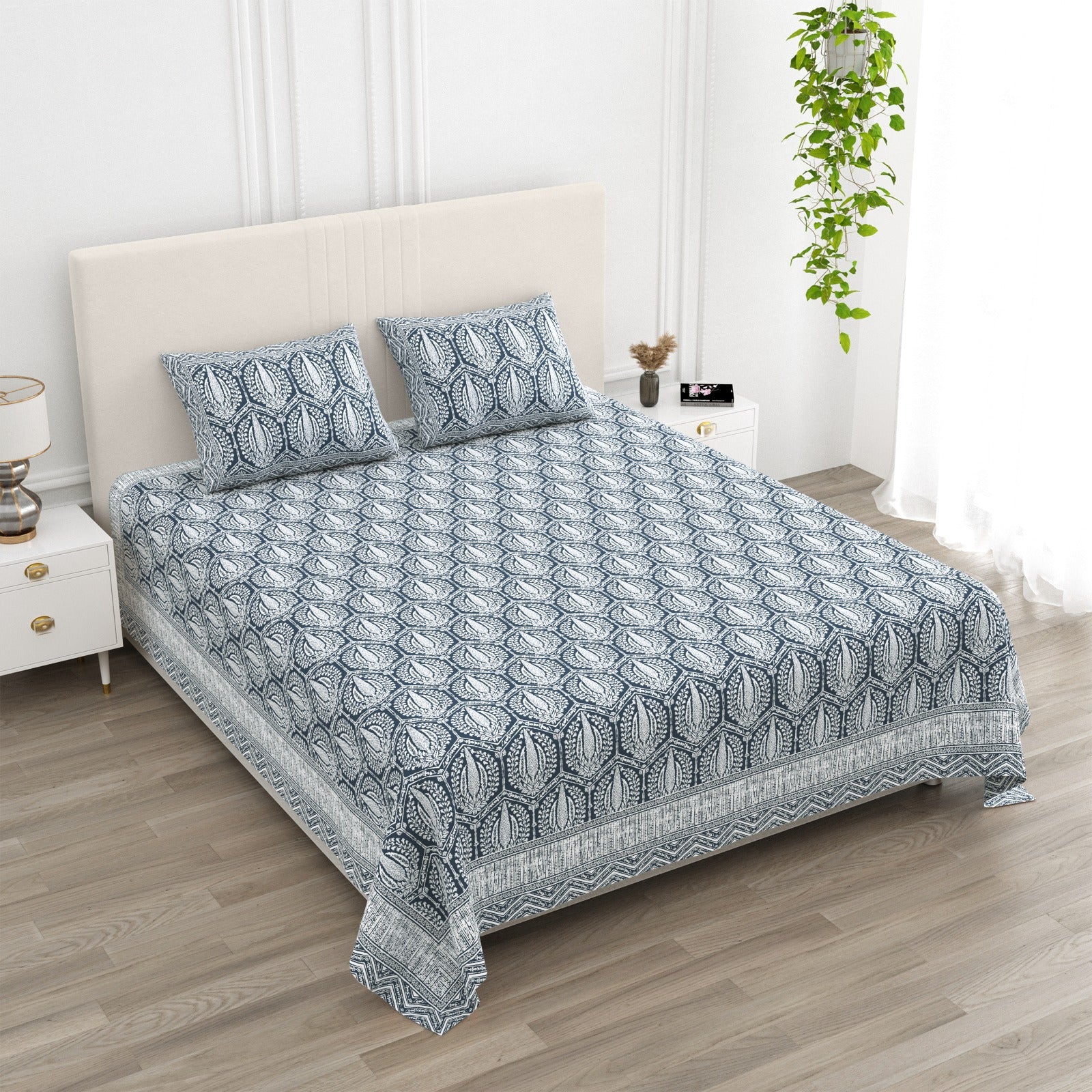 Anarkali Handblock Printed Pure Cotton King Size Bedsheet Set