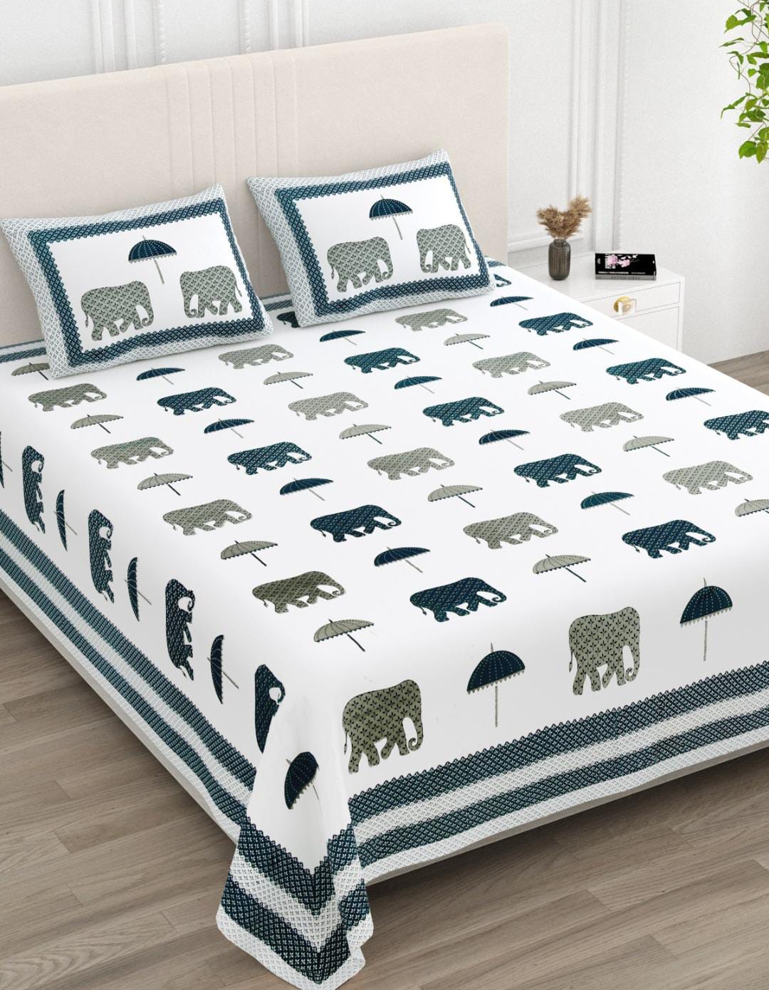 Anarkali Handblock Printed Pure Cotton King Size Bedsheet Set