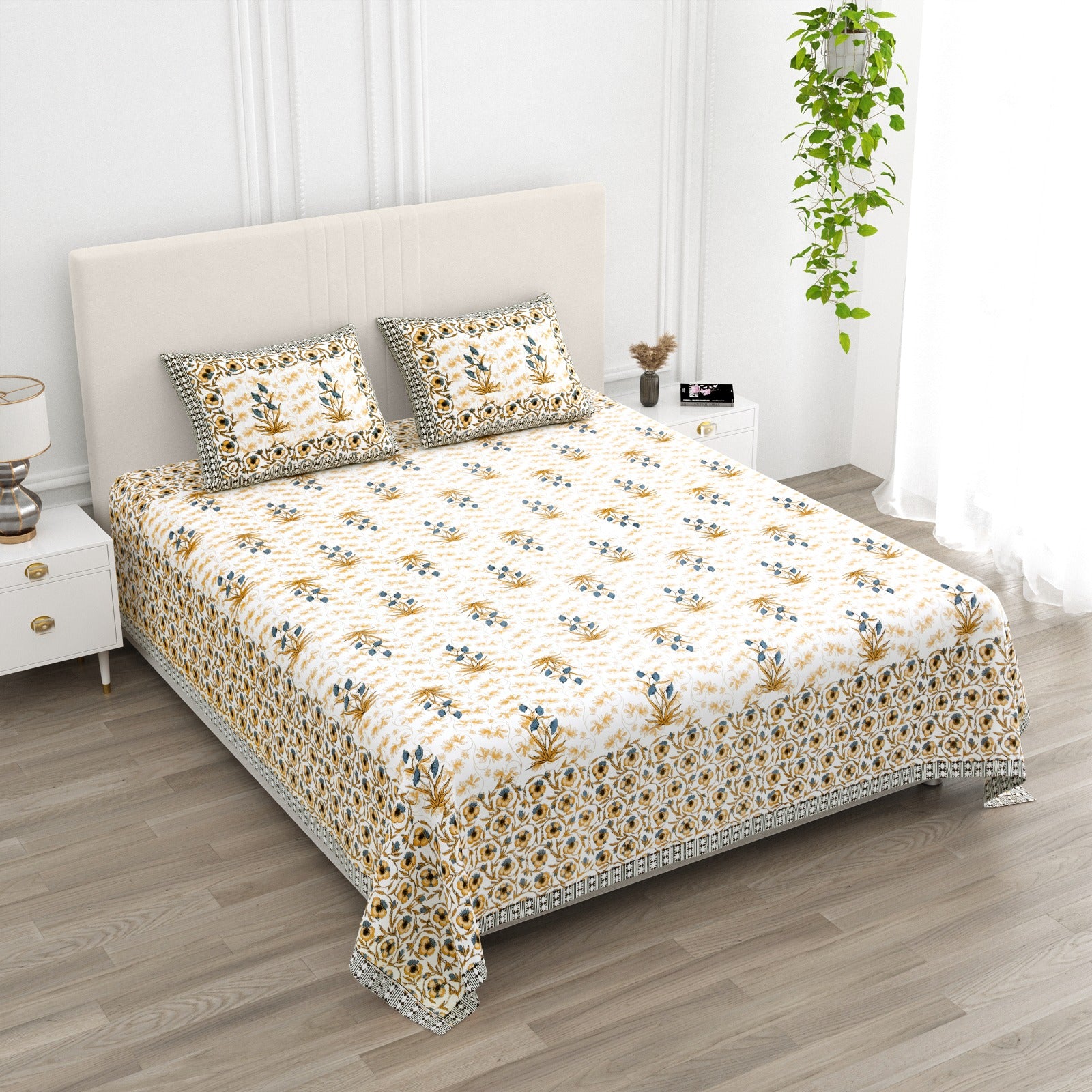 Anarkali Handblock Printed Pure Cotton King Size Bedsheet Set