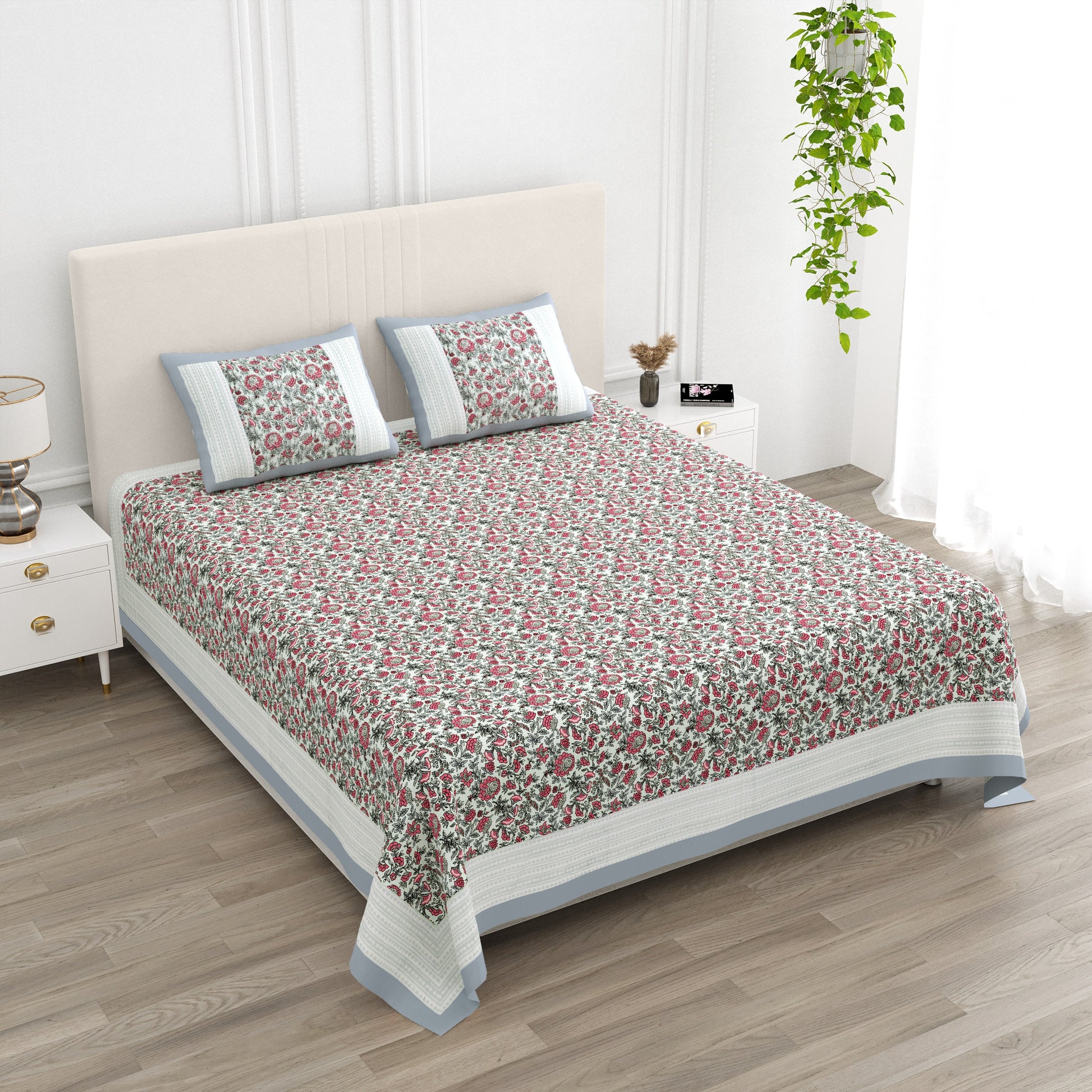 Anarkali Handblock Printed Pure Cotton King Size Bedsheet Set