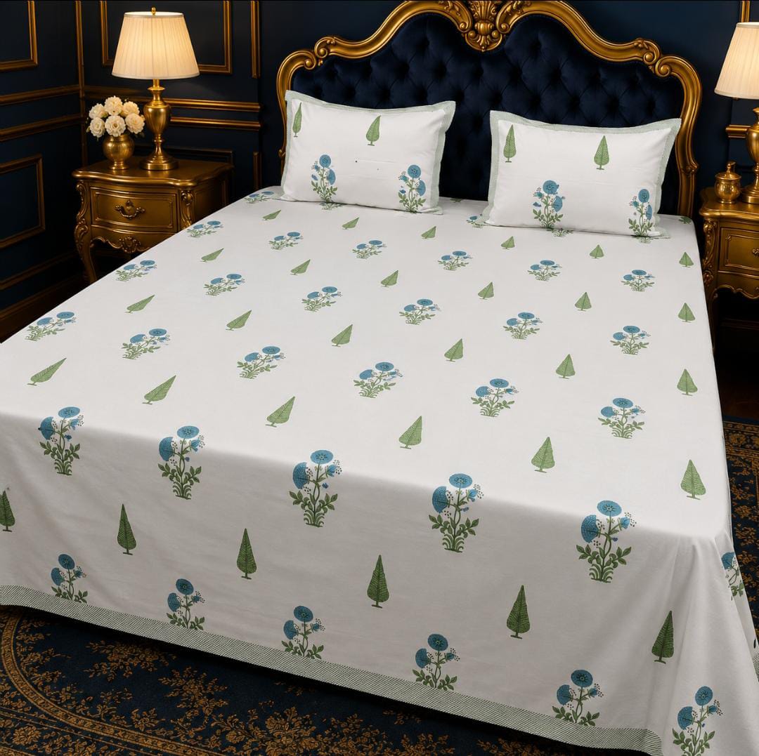 Anarkali Handblock Printed Pure Cotton King Size Bedsheet Set