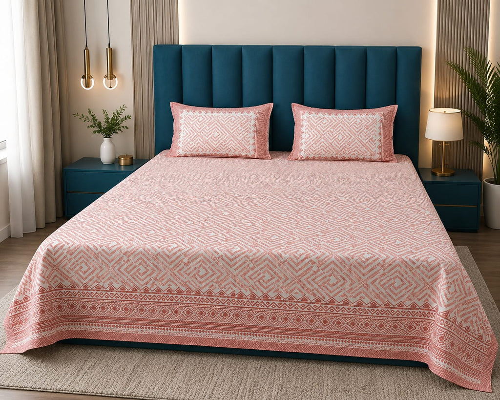 Anarkali Handblock Printed Pure Cotton King Size Bedsheet Set