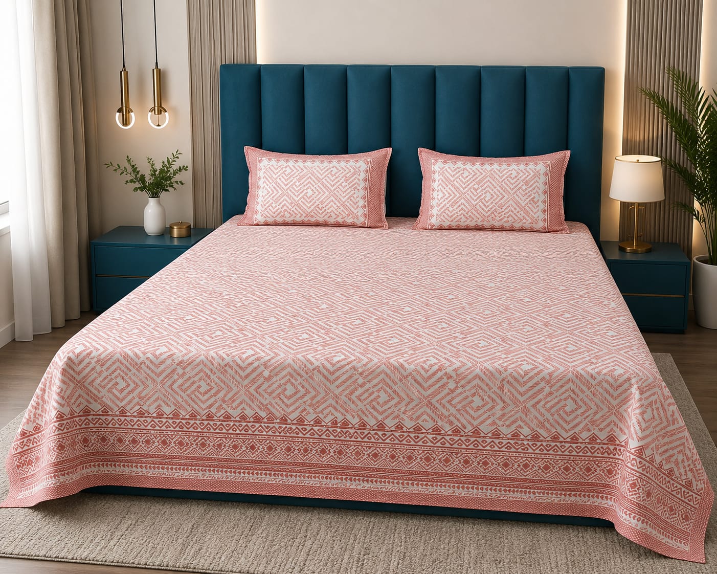 Anarkali Handblock Printed Pure Cotton King Size Bedsheet Set