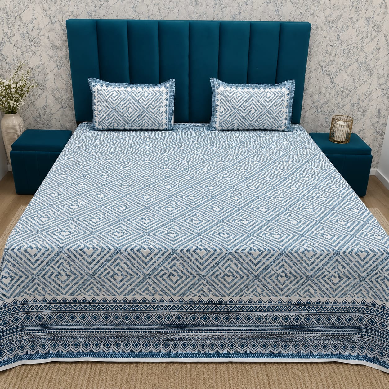 Anarkali Handblock Printed Pure Cotton King Size Bedsheet Set
