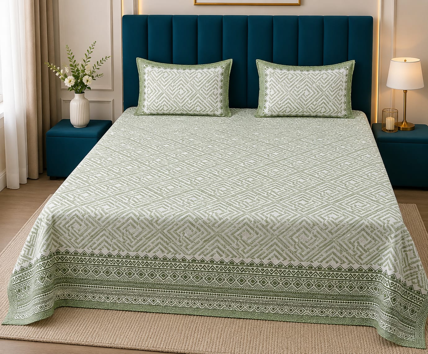 Anarkali Handblock Printed Pure Cotton King Size Bedsheet Set